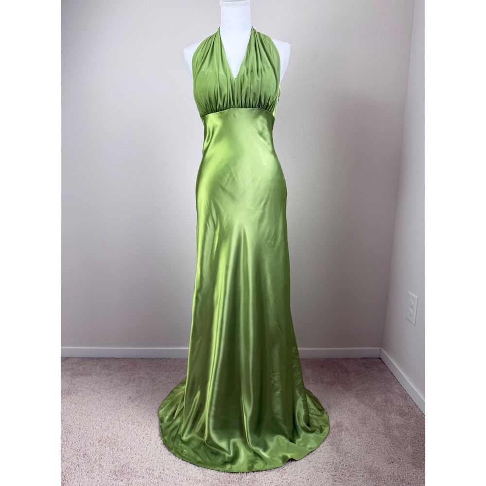 David's Bridal Womens Satin Gown 8 Green Halter Ruffle Train Y2K Prom Formal USA